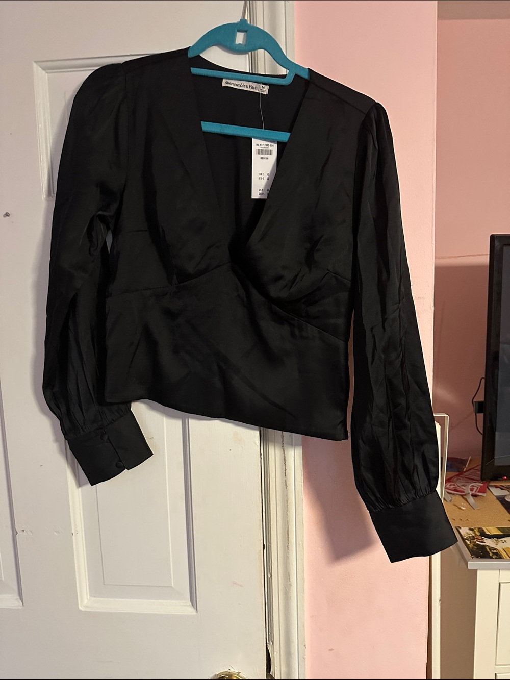 Abercrombie & Fitch Black Satin V-Neck Wrap-Style Blouse with Puffed Sleeves